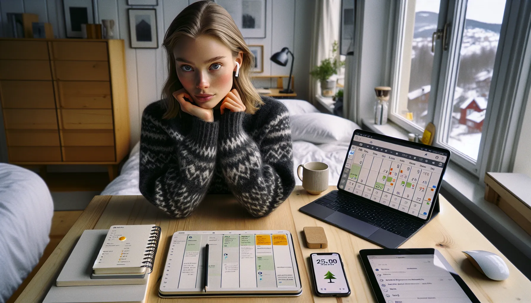 Norwegian student organizing studies with calendar, task list, and focus timer.
