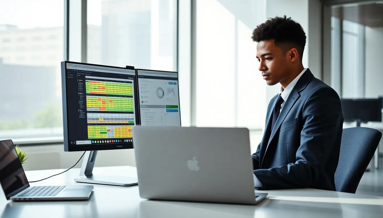 professional at a desk with dual monitors and a laptop.