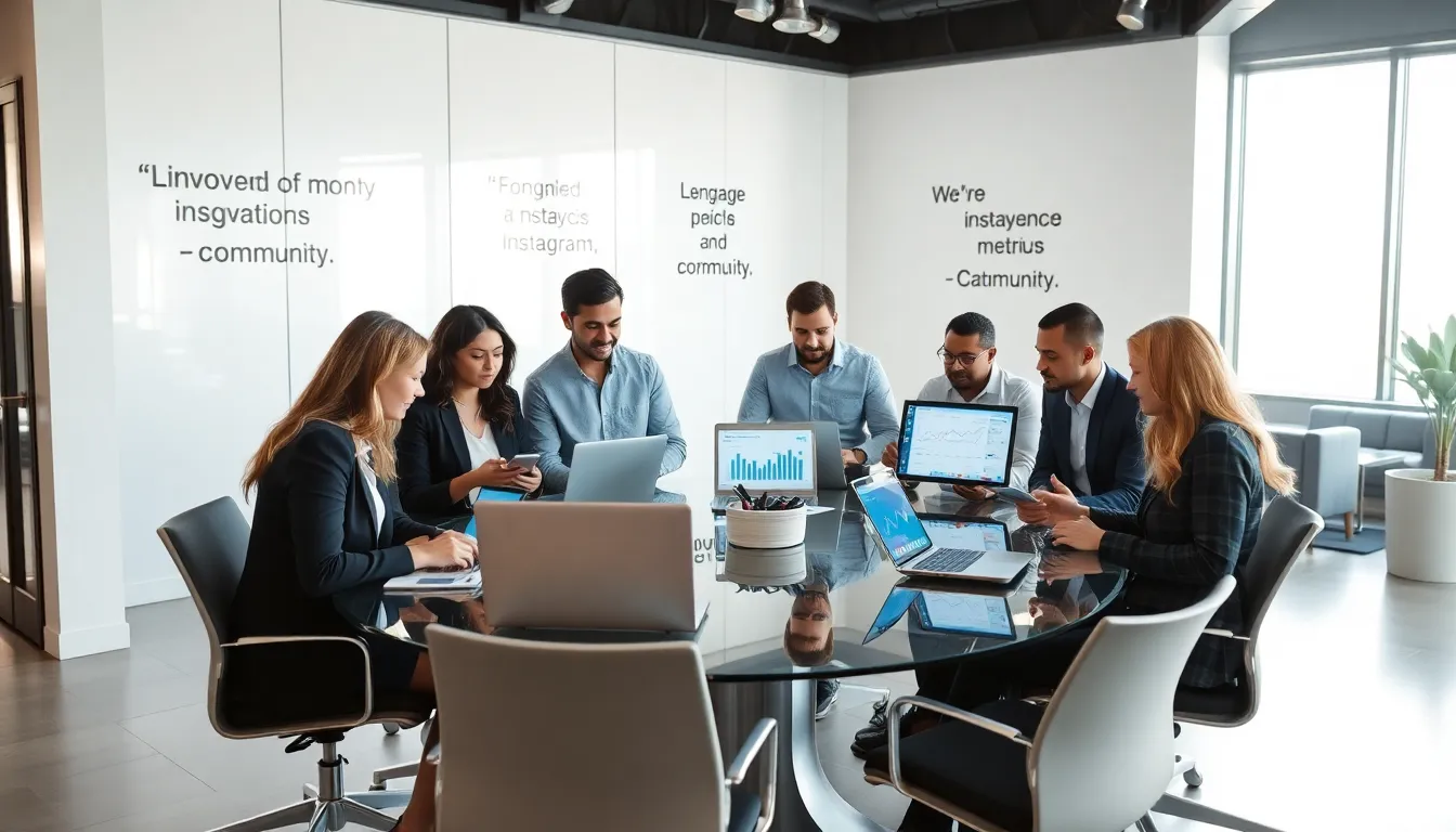 diverse team discussing social media strategies in a modern office.