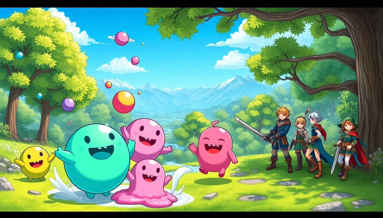 colorful slimes bouncing in a vibrant MapleStory landscape.