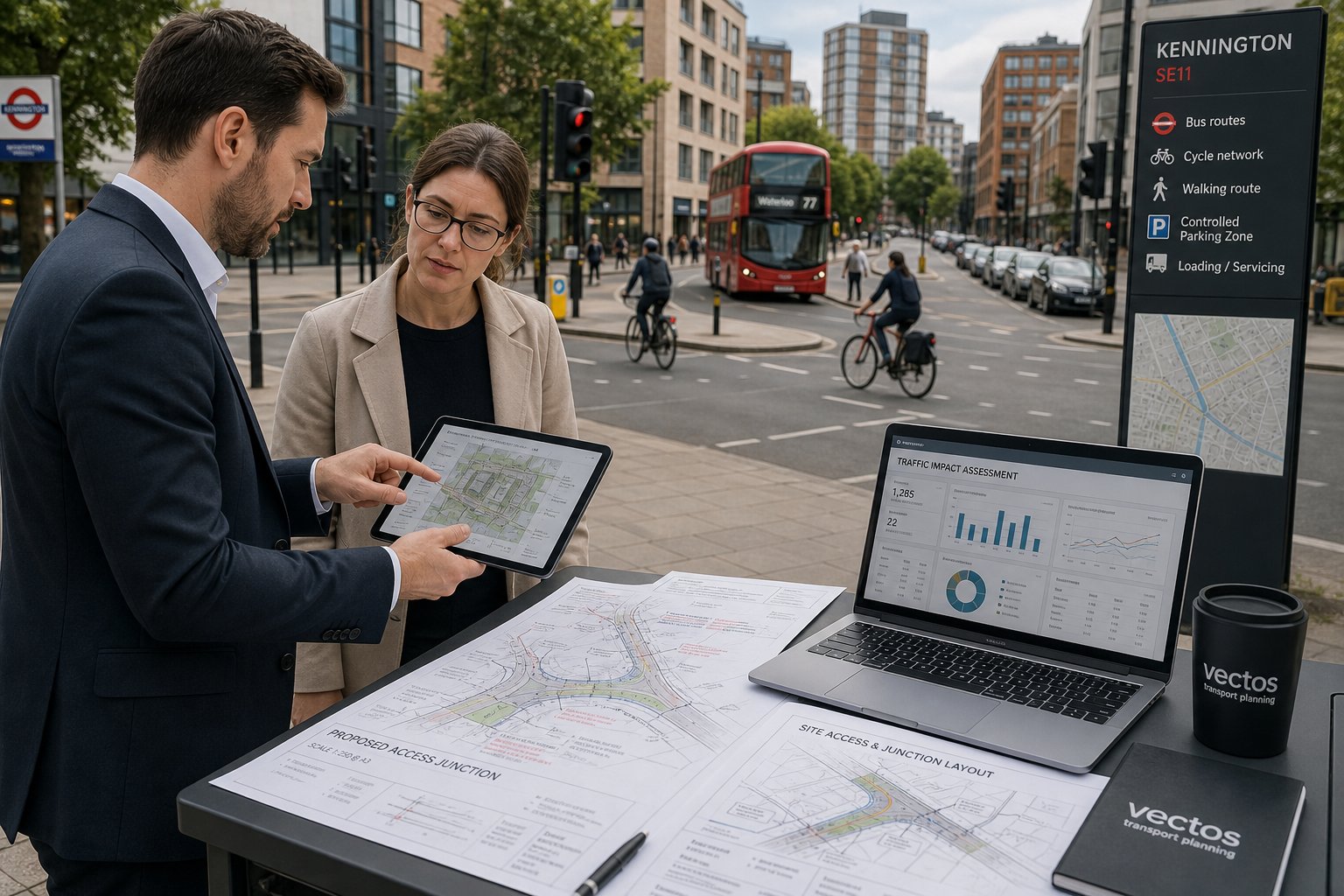 Traffic engineer reviewing transport plans for a Kennington development site.