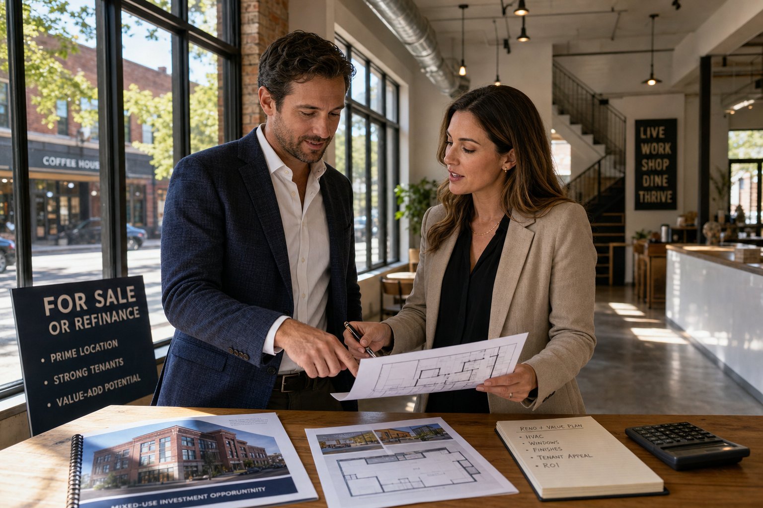 Commercial Mortgage Brokers Preston 4 Adviser and client assessing a commercial property interior with floor plans during a purchase or refinancing discussion.