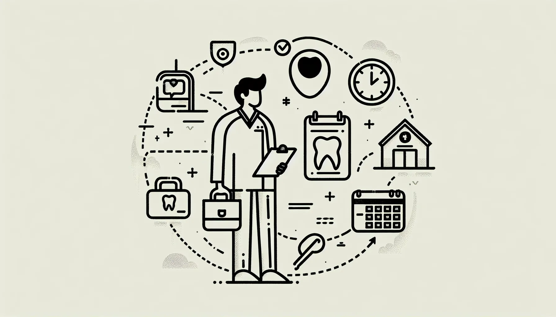 Dental associate with clinics connected by dashed lines, clock, calendar, and pay icon.