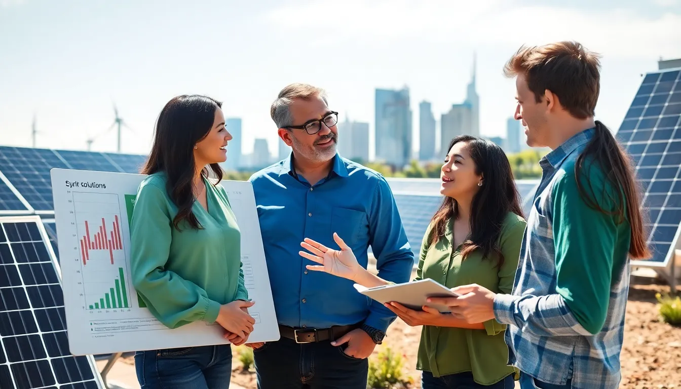a group of professionals discussing renewable energy solutions in an urban setting.