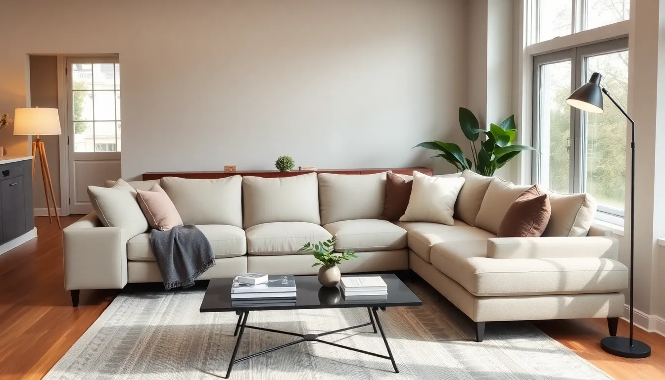 modern living room with a stylish sectional sofa and natural light.