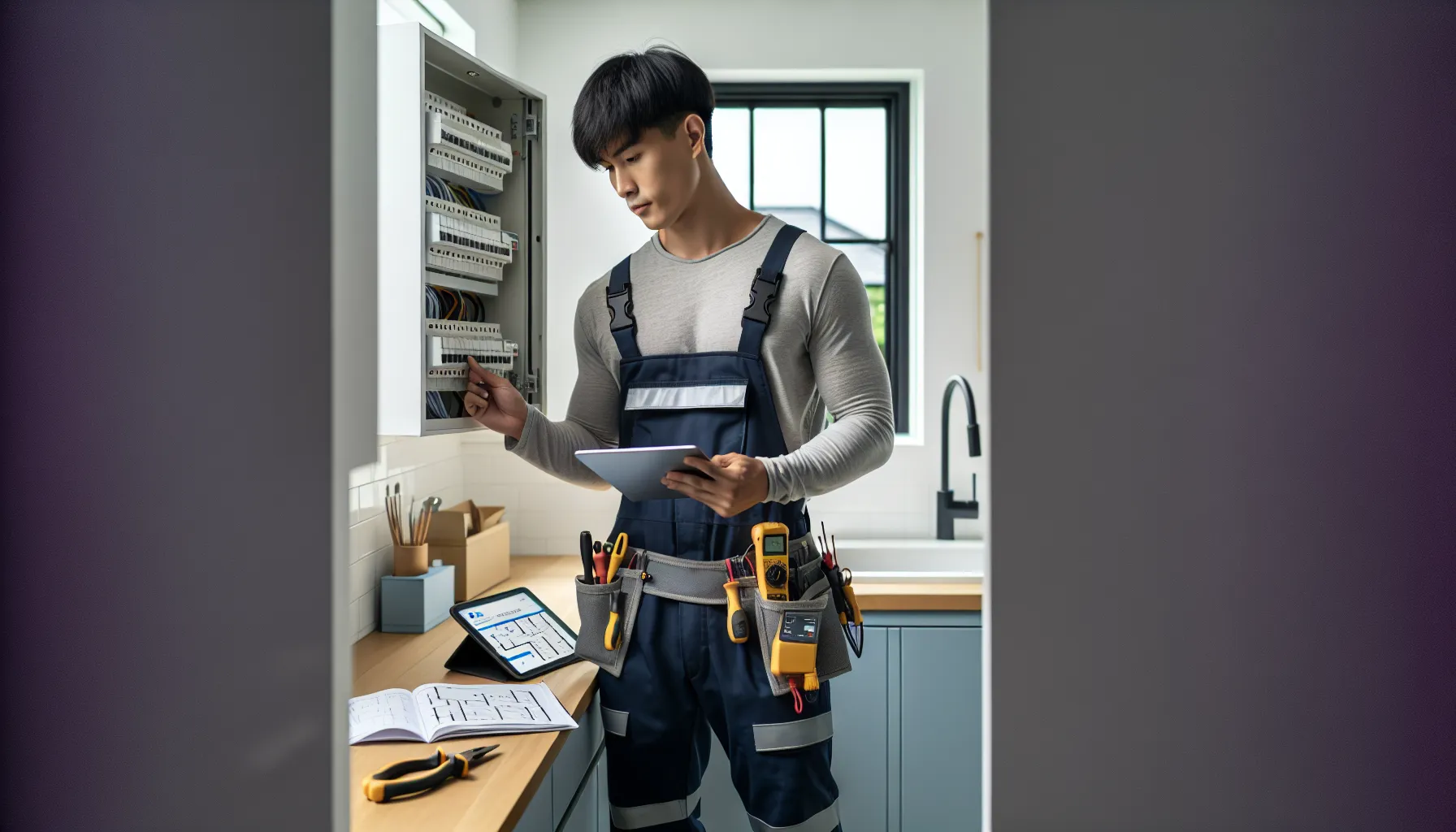 Norwegian electrician working on a modern fuse cabinet in a bright kitchen.