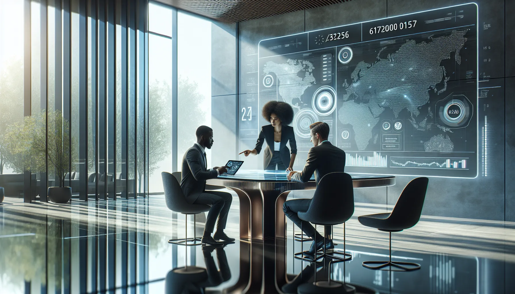 diverse professionals discussing data in a modern office.