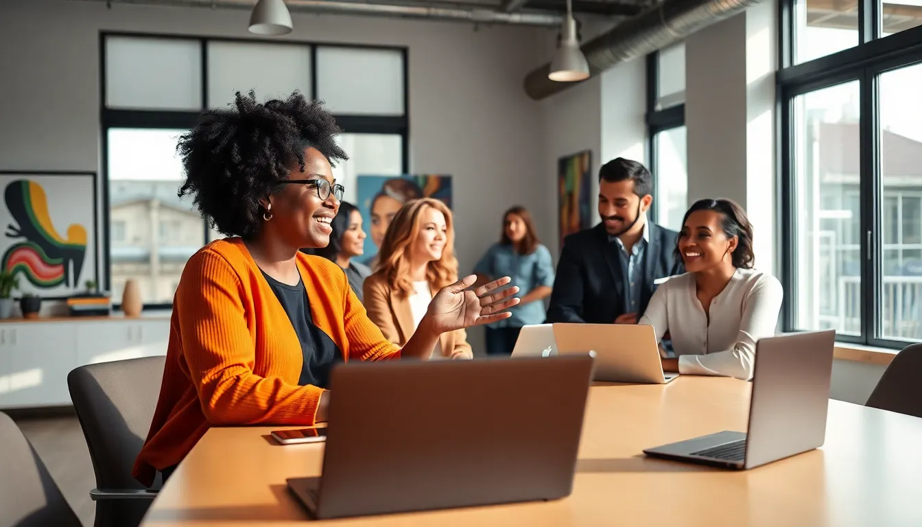 diverse professionals discussing innovative concepts in a modern workspace.