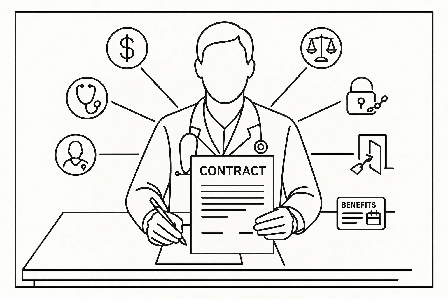 A PA at a desk reviewing a contract with six contract-provision icons.