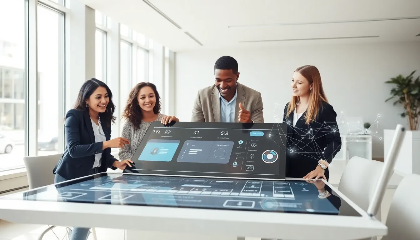 diverse team collaborating around a touchscreen table in a modern office.