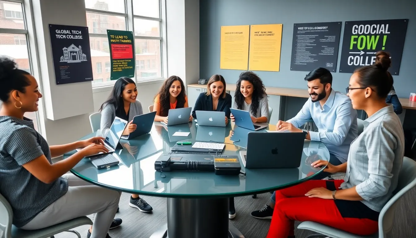 diverse students collaborating in a modern tech classroom.