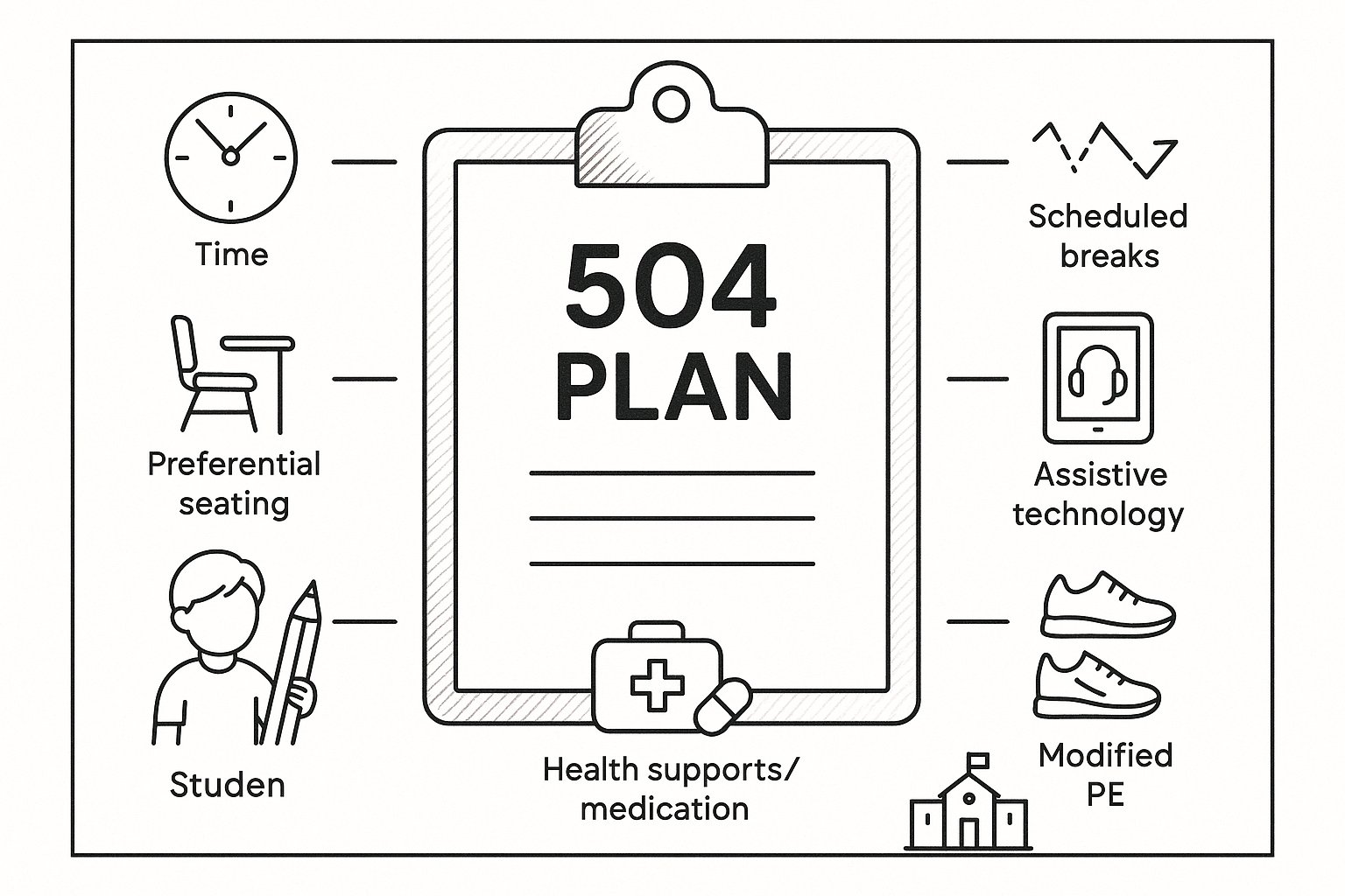 clipboard labeled 504 Plan surrounded by icons for student accommodations - What Is A 504 Plan In Kentucky A Practical Guide For Parents And Schools 2026