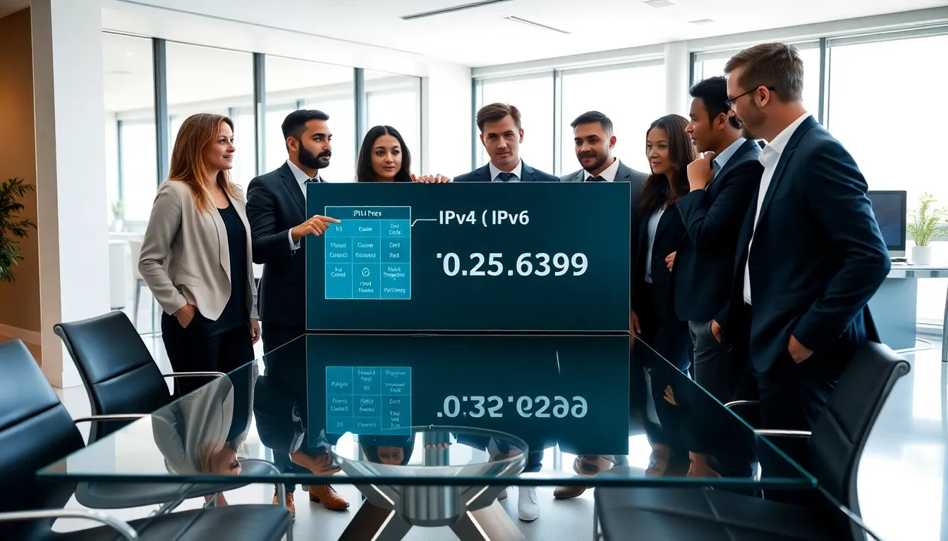 IT team discussing IP address in a modern office.
