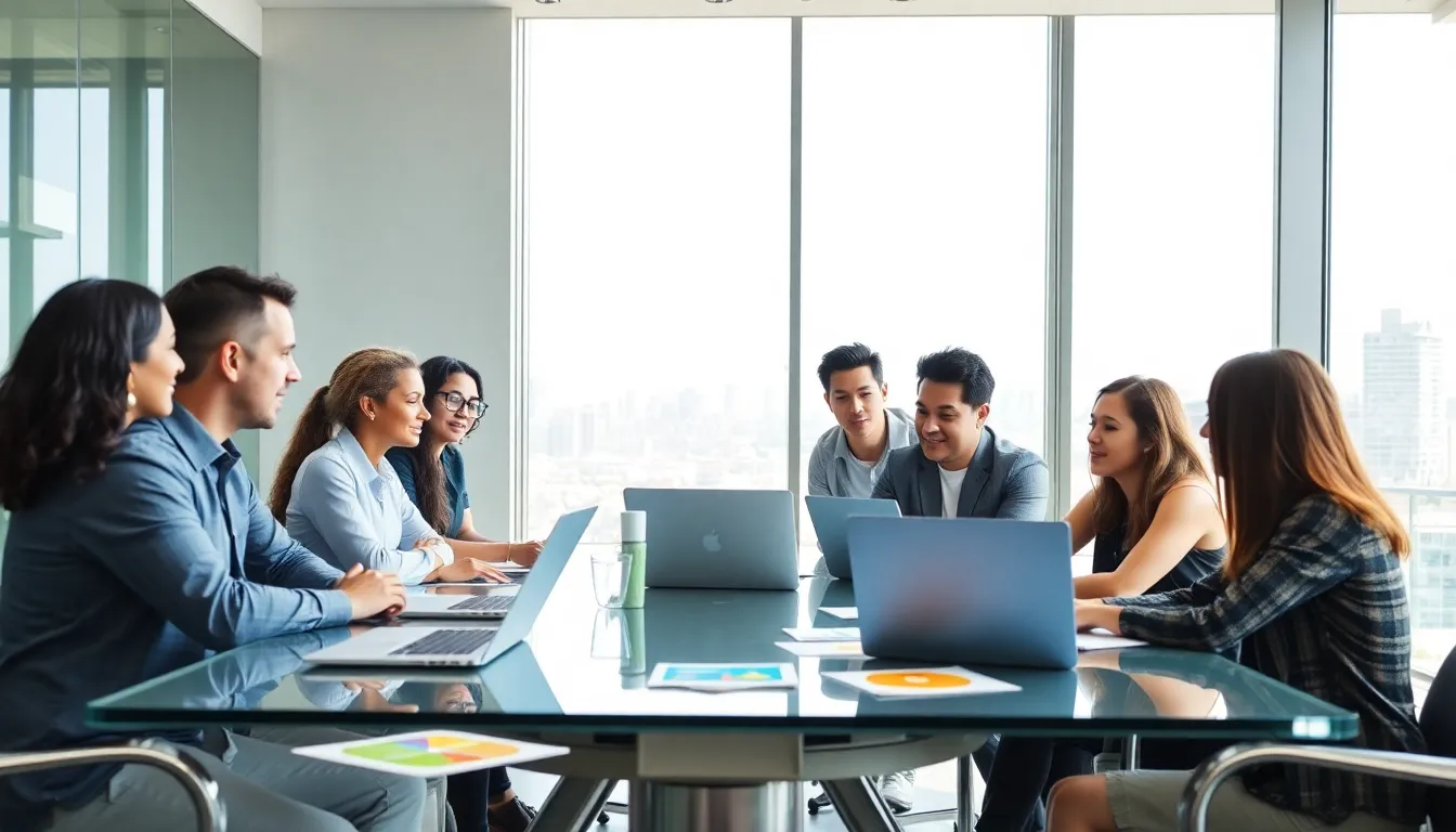 diverse team collaborating on community empowerment projects in a modern office.