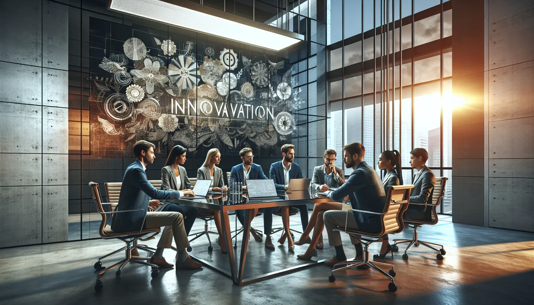 diverse professionals discussing in a modern office setting.