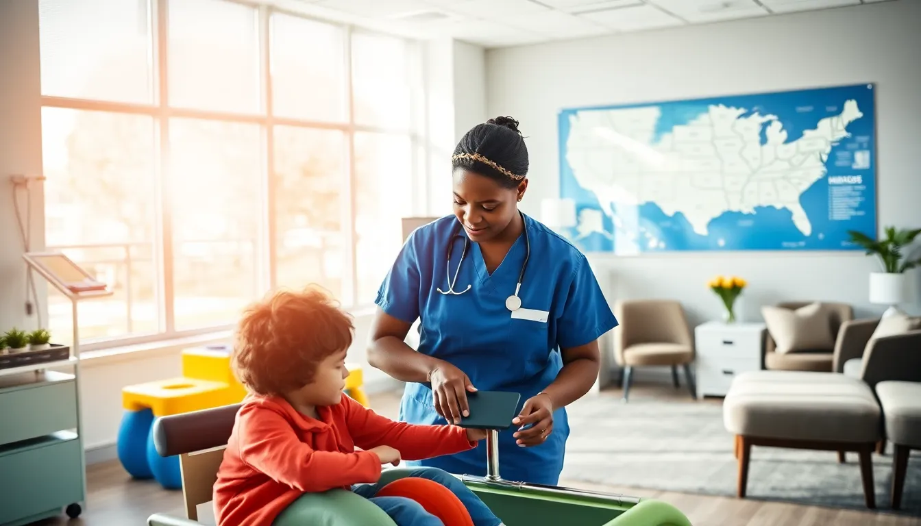 COTA assisting a patient in a bright therapy room.