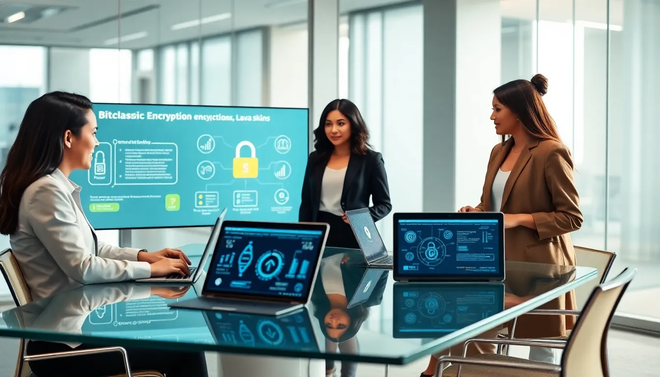 diverse team discussing Bitclassic encryption in a modern office.