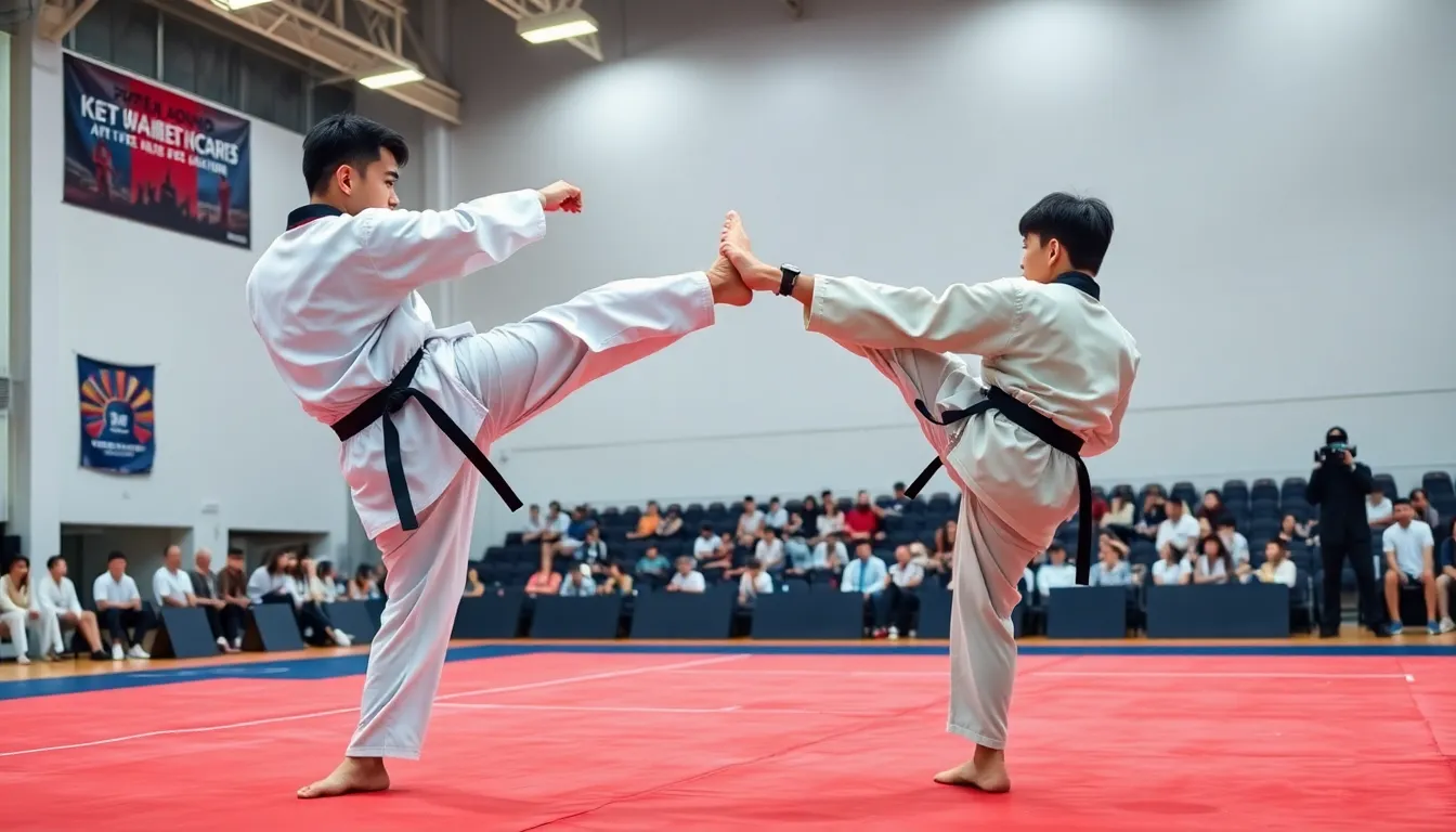 two taekwondo athletes sparring in a professional competition setting.