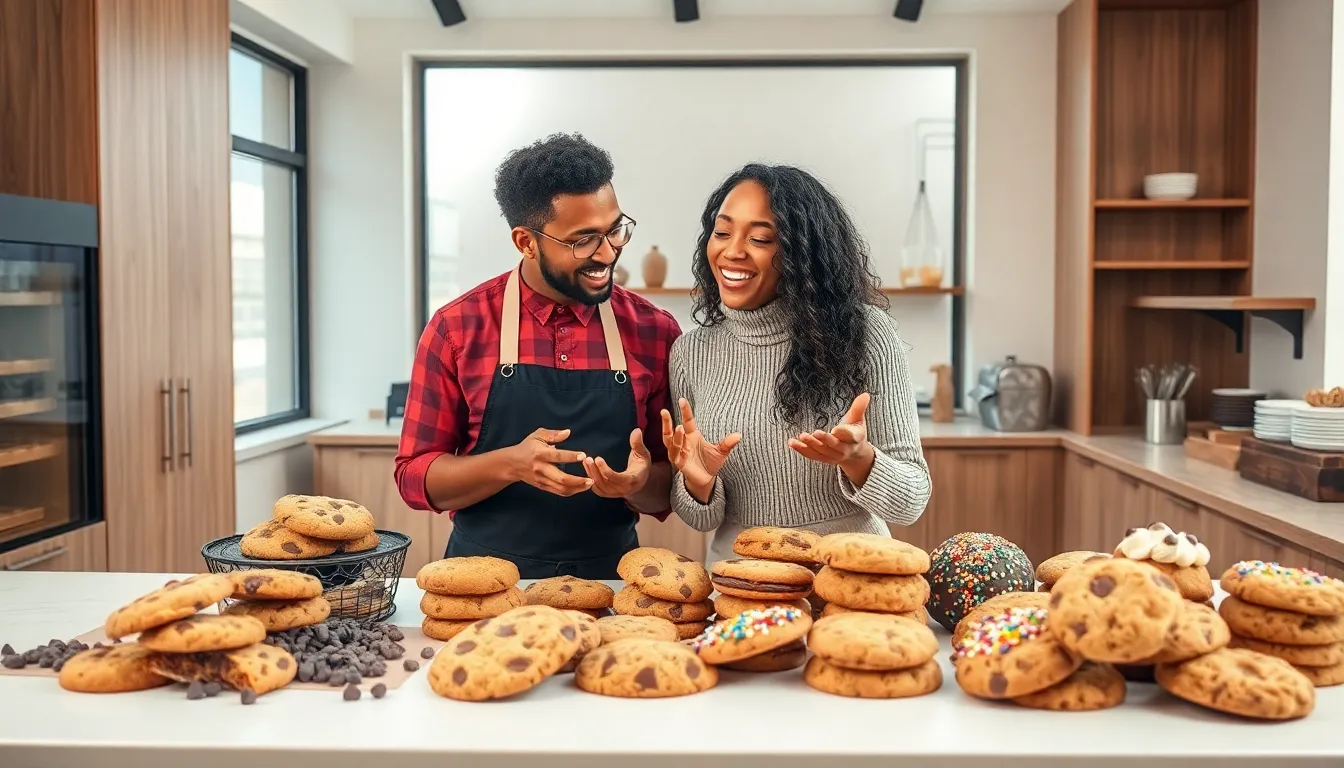 a bakery display of diverse cookies with two professionals discussing flavors.