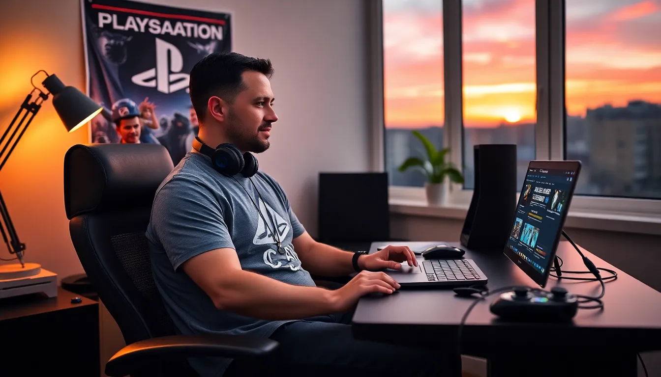 a gamer sitting at a desk surrounded by PlayStation memorabilia.