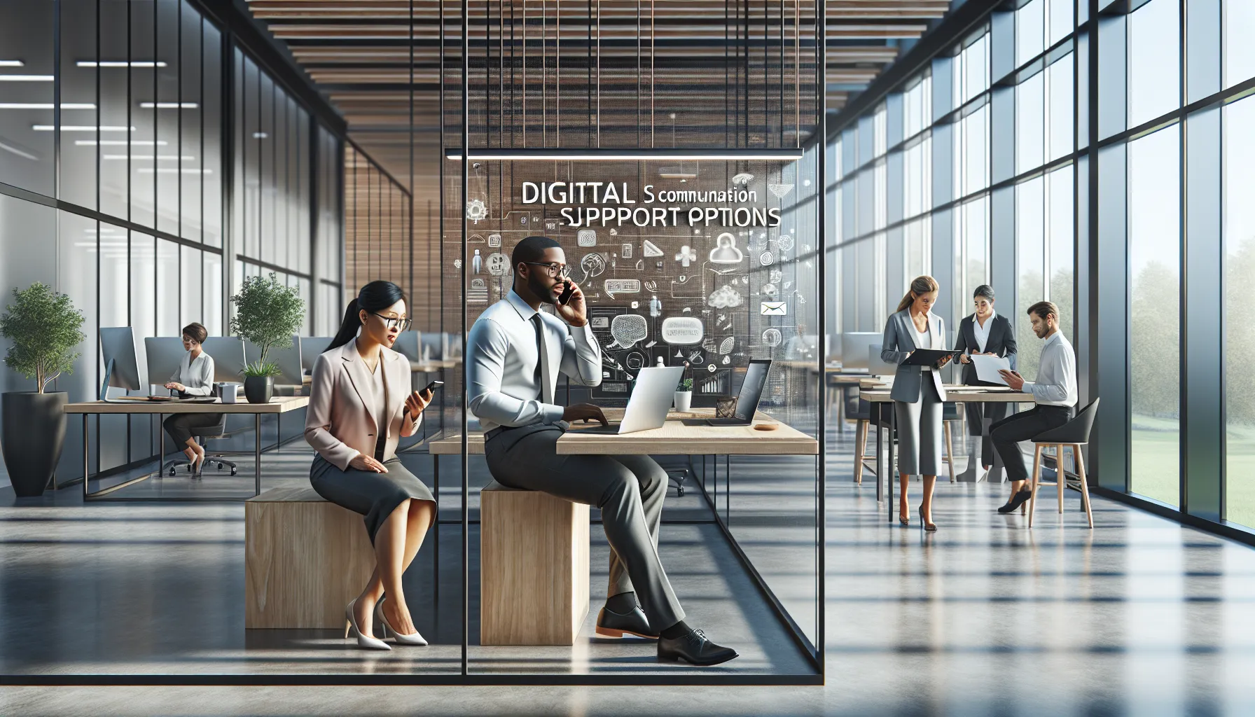 diverse professionals discussing digital communication options in a modern office.