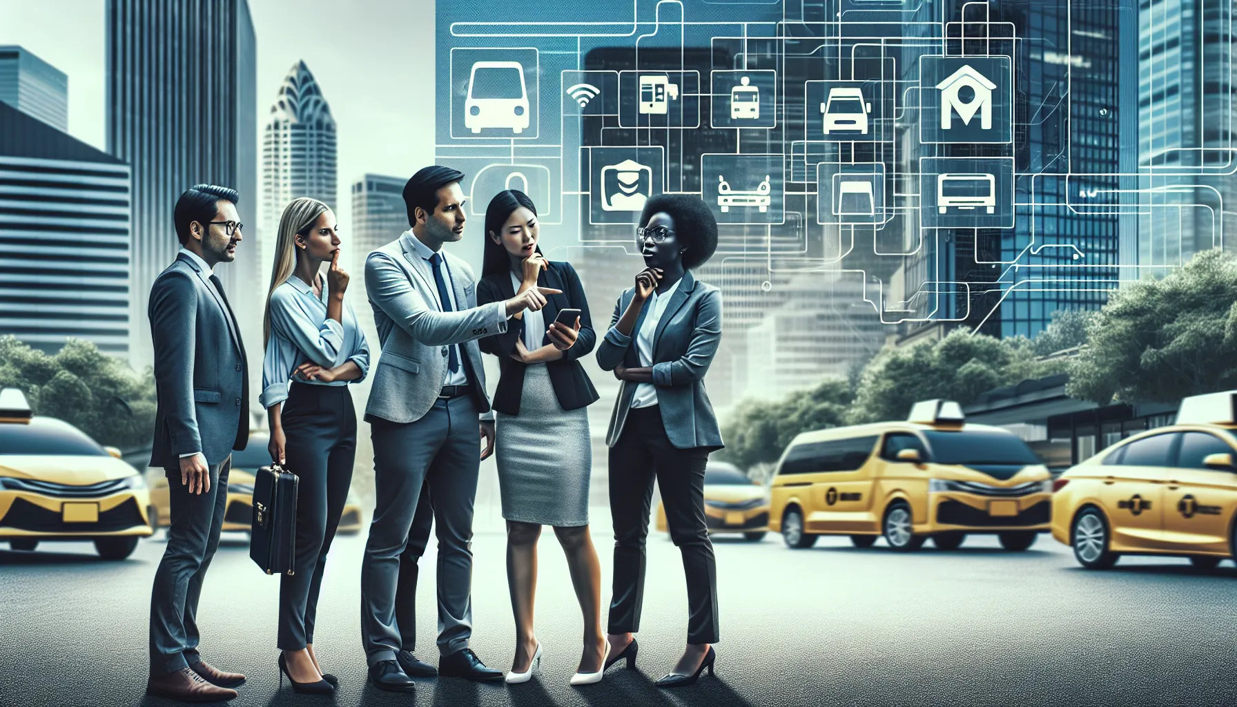 diverse professionals using a ride-hailing app in an urban setting.