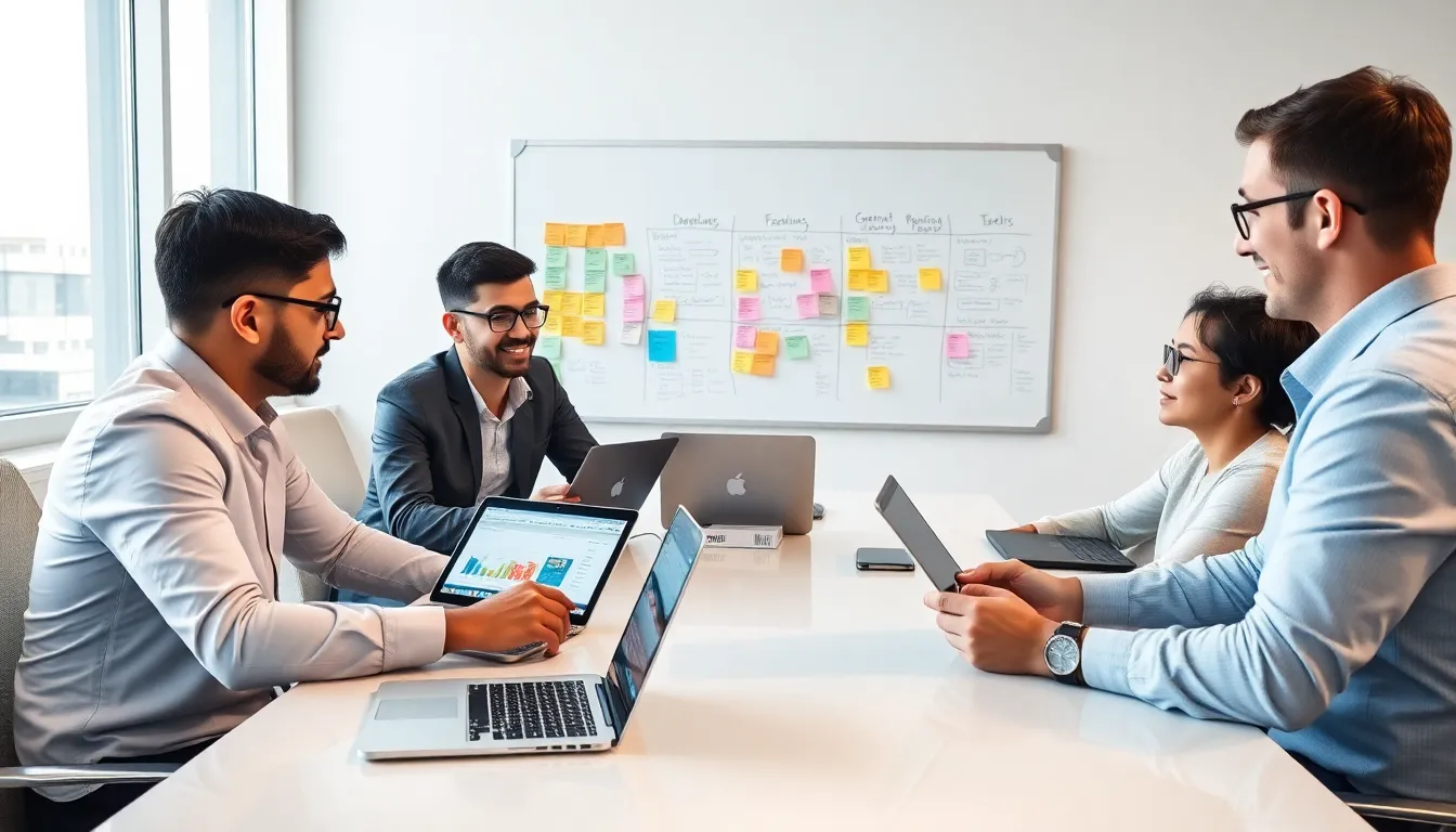 diverse team discussing project management in a modern office.