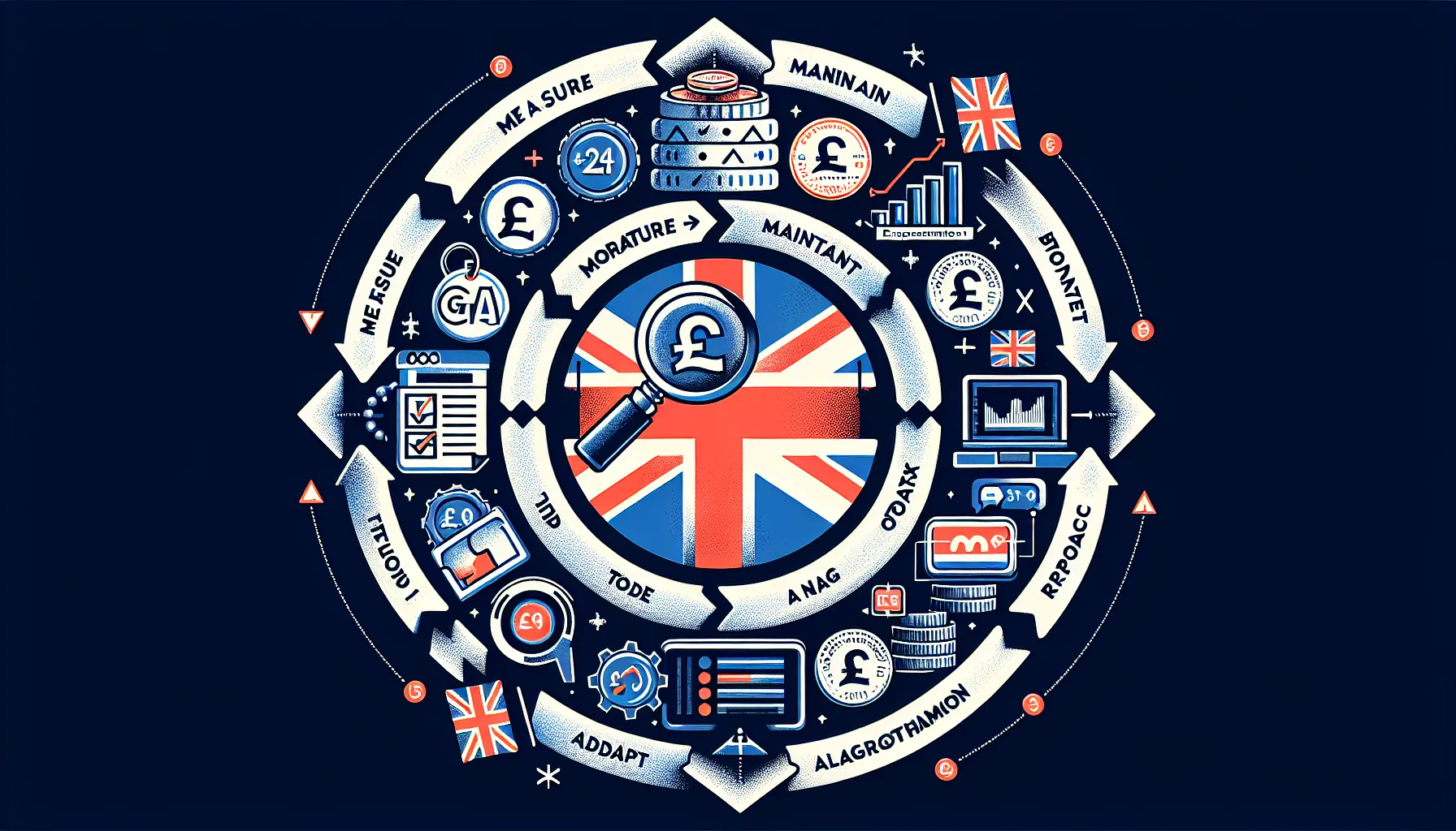 Circular UK-themed infographic on measuring, fixing links, and adapting affiliate SEO.