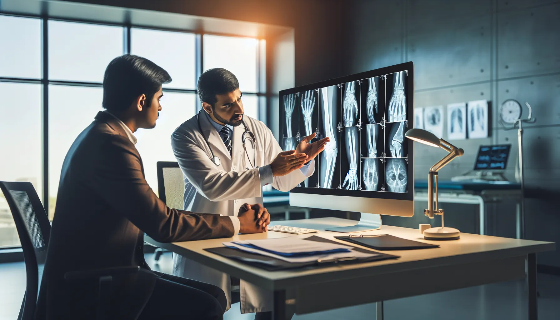 Doctor explaining arm fracture X-rays to patient in modern medical office
