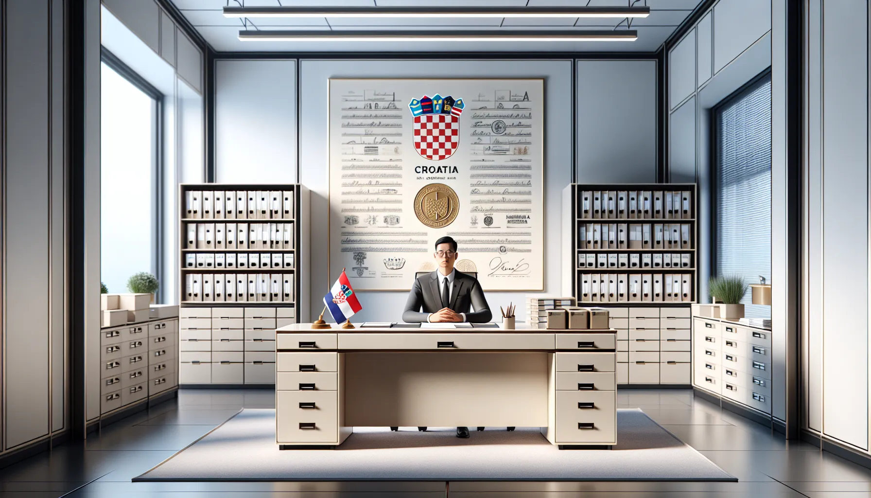 Official Croatian document on government desk with coat of arms