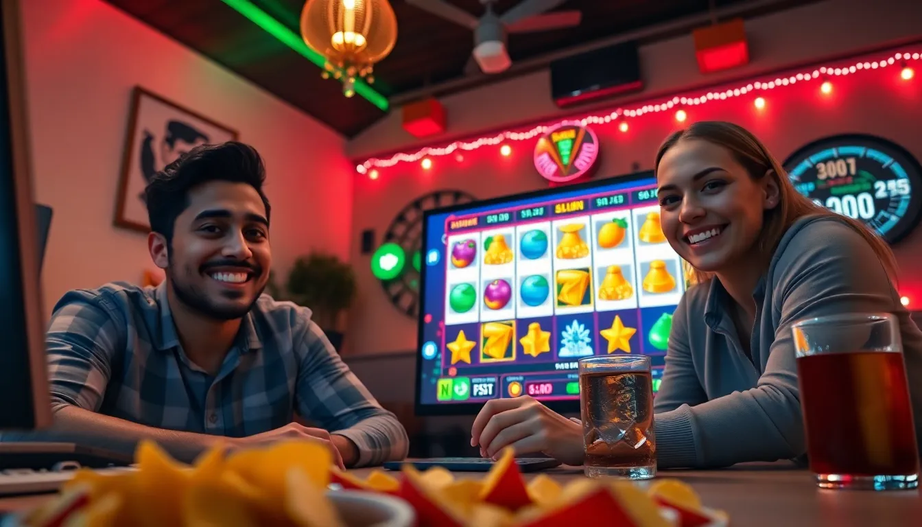 Players immersed in a colorful online slot game with gamification features.