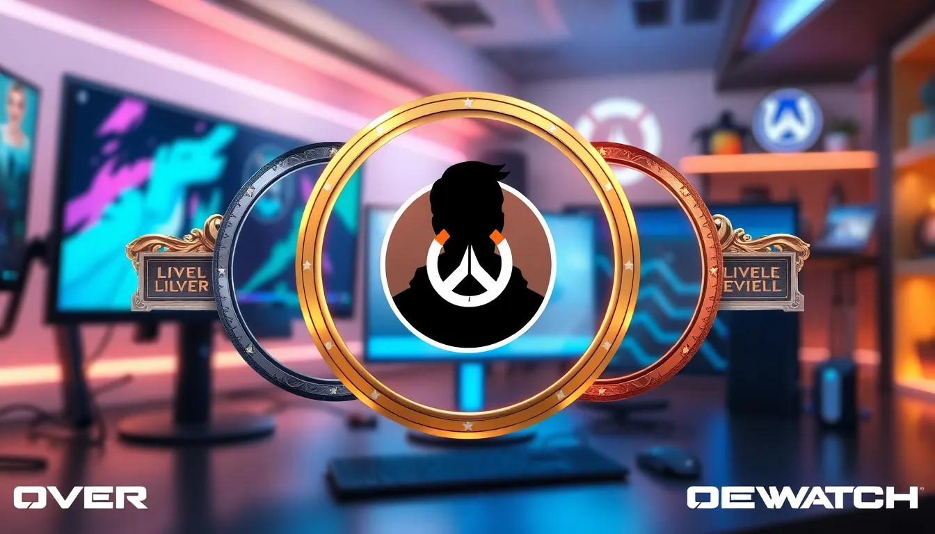 various Overwatch level borders around a central player avatar.