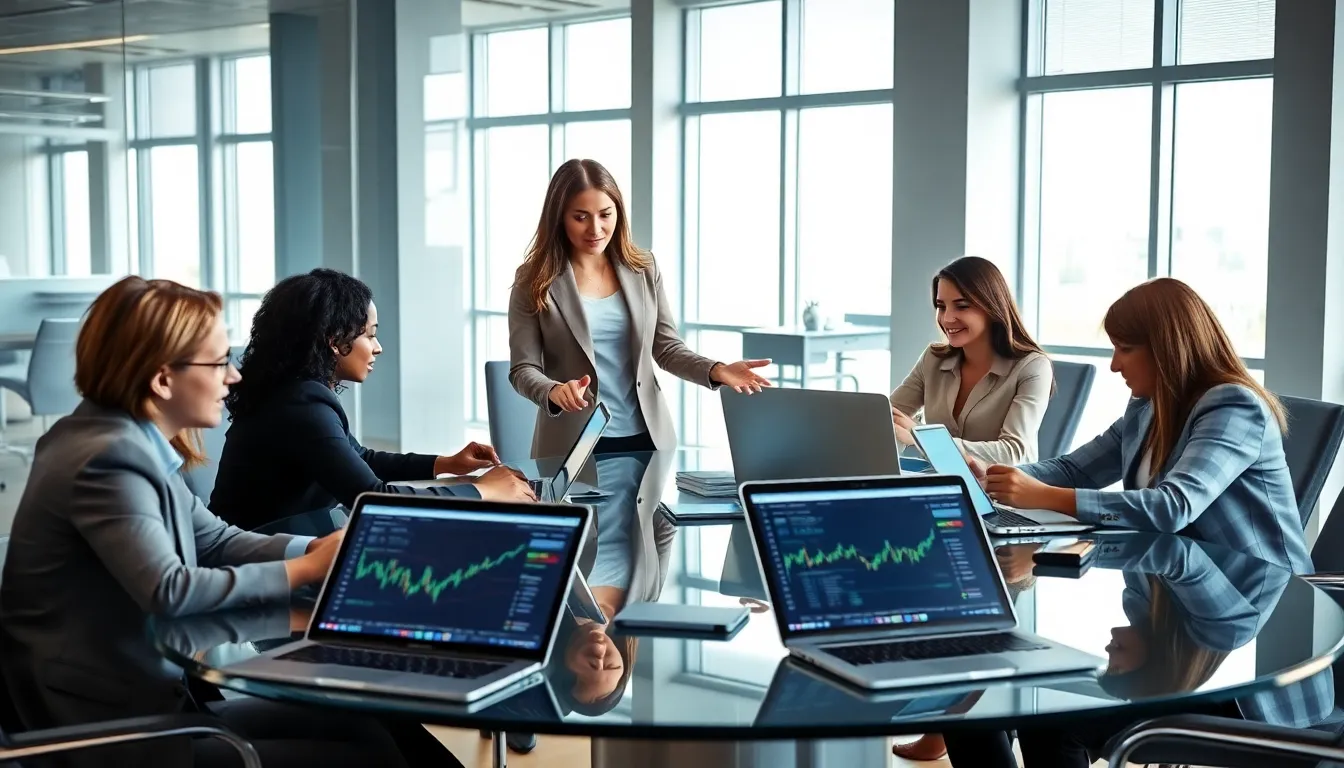 professionals discussing cryptocurrency in a modern office setting.