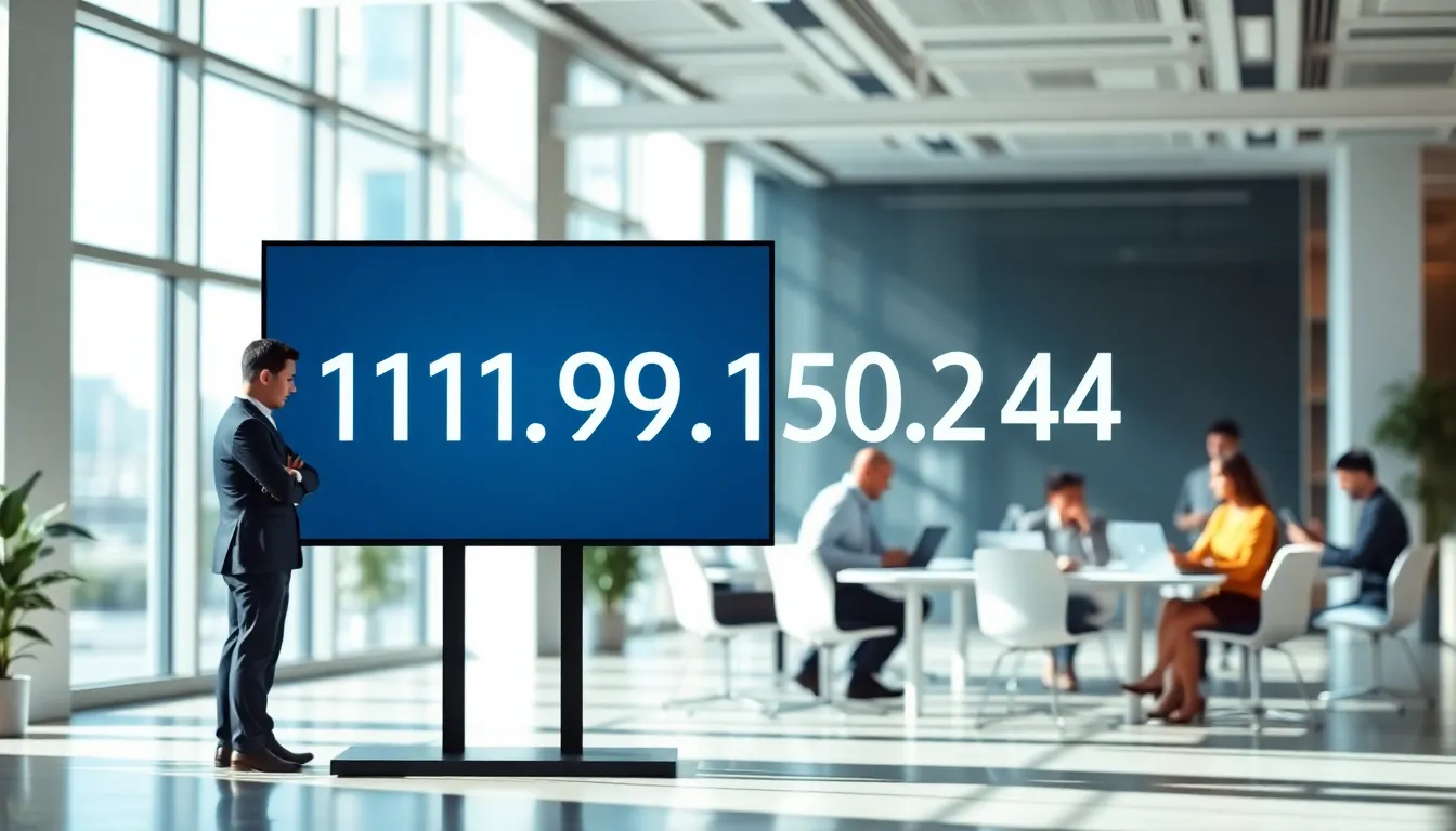 professional showcasing an IP address in a modern office setting.