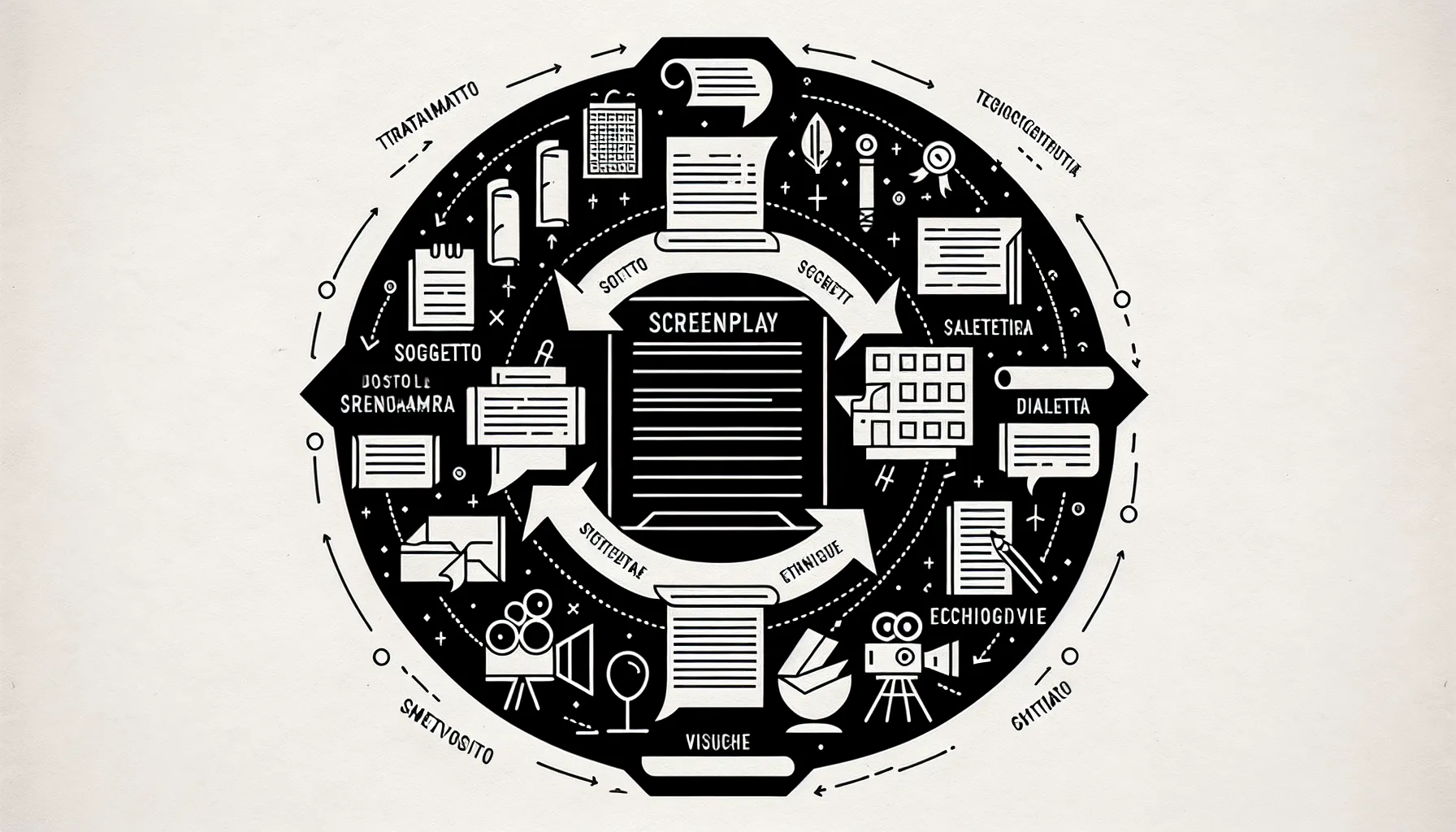 icons for screenplay elements surrounding an open script page