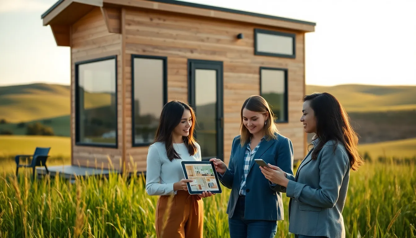 modern tiny home in a natural setting with professionals discussing design.