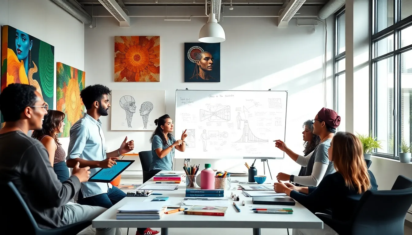 diverse artists collaborating in a modern studio setting.