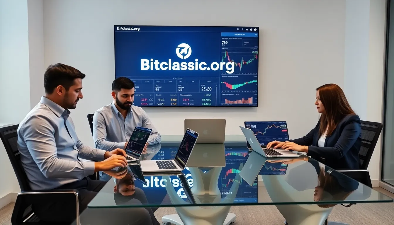 diverse professionals collaborating on cryptocurrency trading in a modern office.