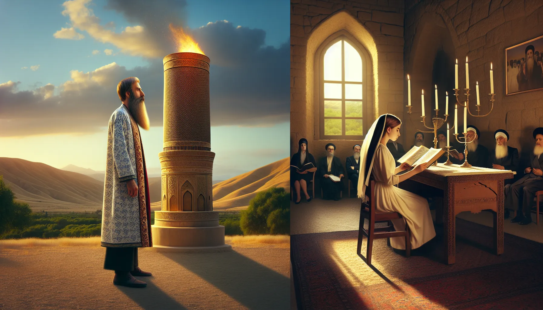 A Zoroastrian temple and a Jewish synagogue in a comparative historical scene.