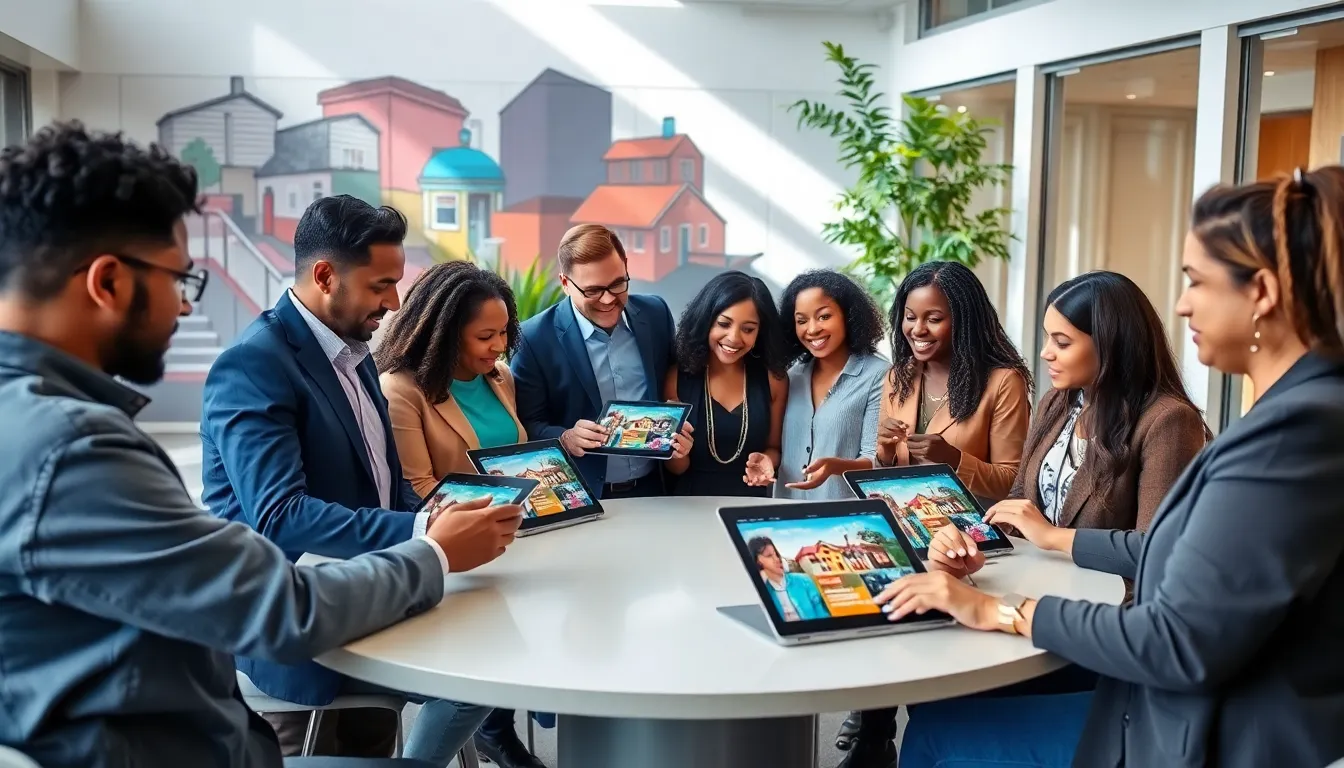 diverse professionals discussing technology's impact on community in a modern center.