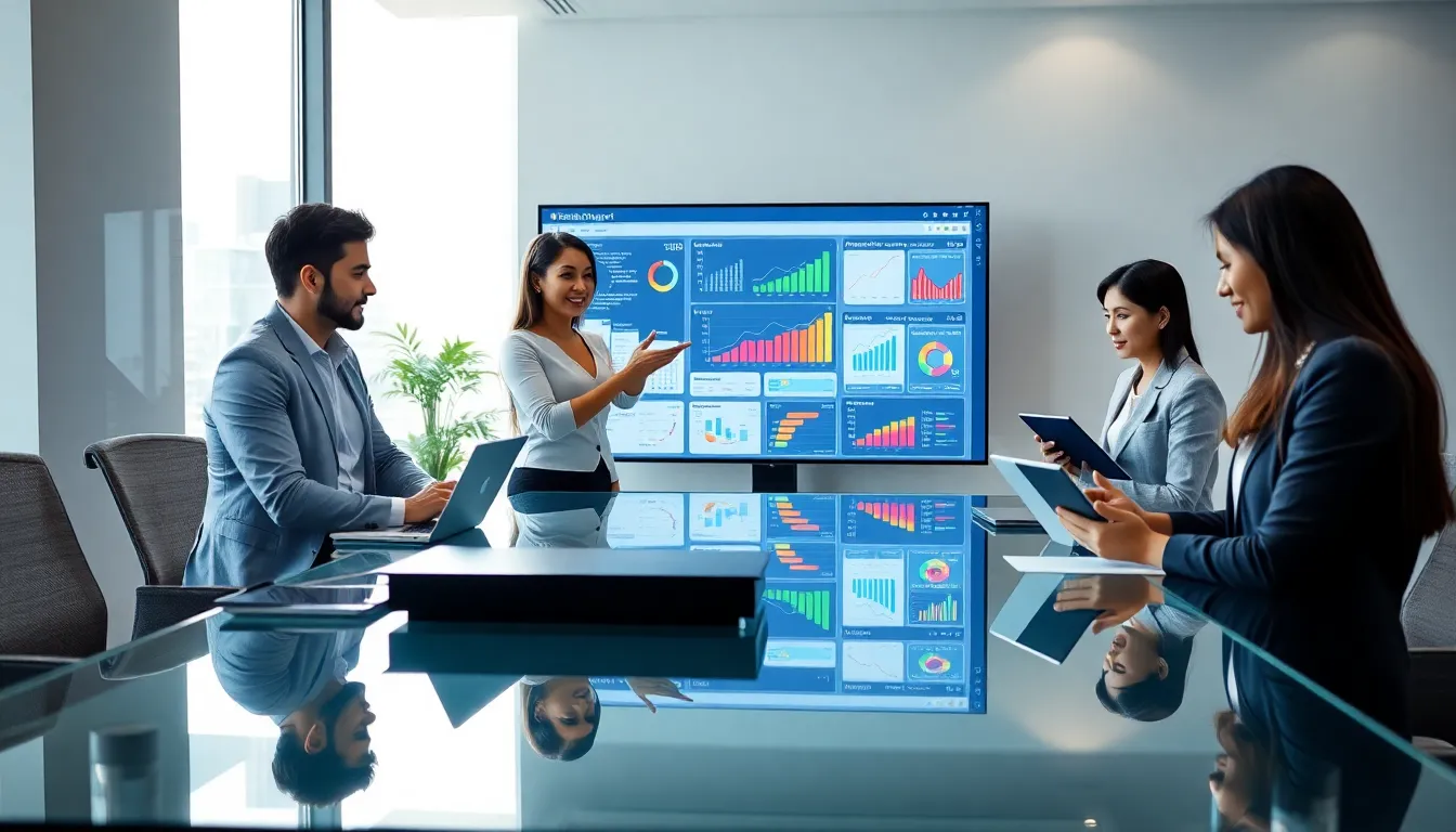 diverse professionals discussing software applications in a modern office.