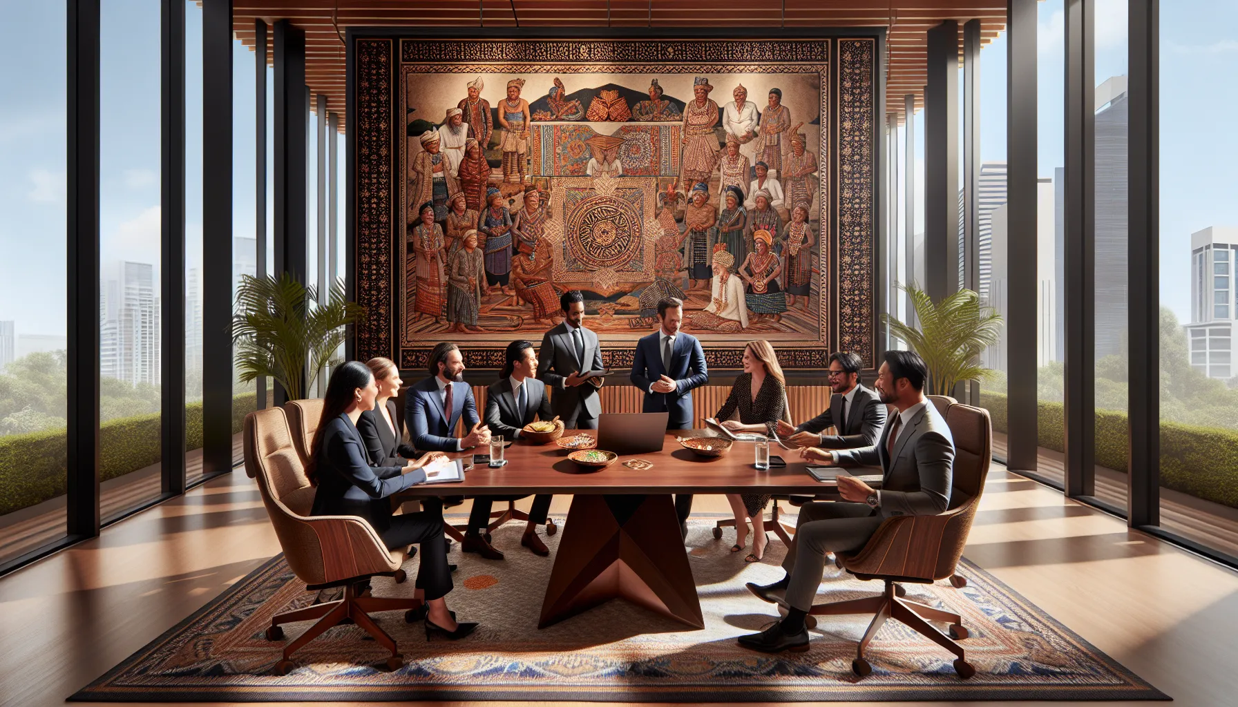 diverse professionals discussing cultural heritage in a modern office.