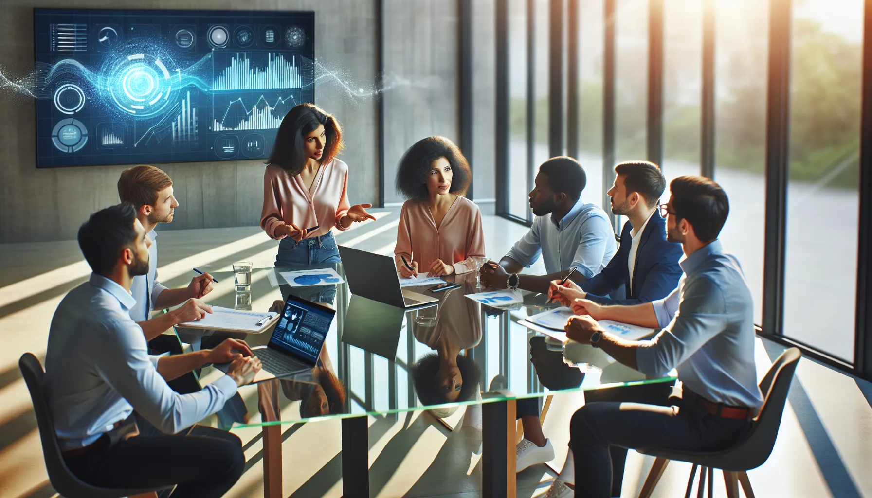 diverse team collaborating in a modern office on digital strategies.
