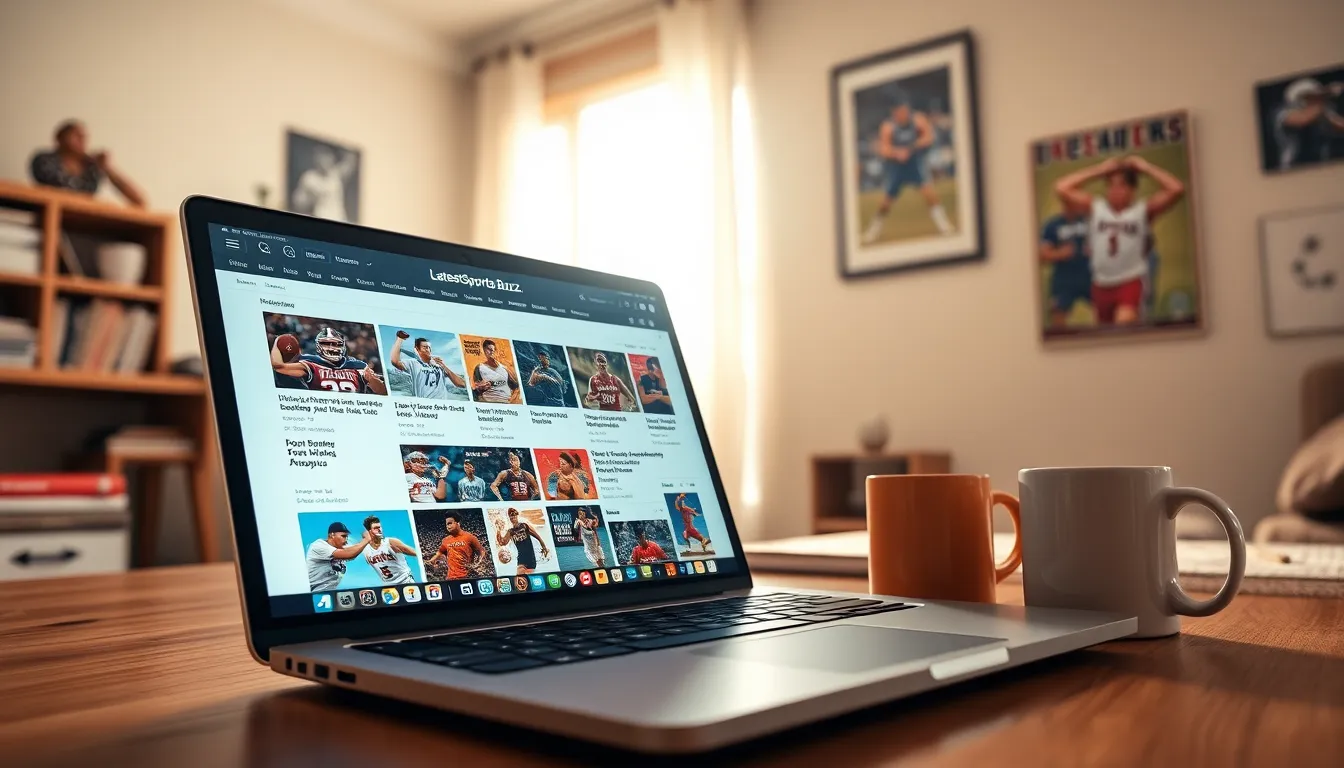 A laptop displaying the digital archive of LatestSportsBuzz.com in a cozy setting.