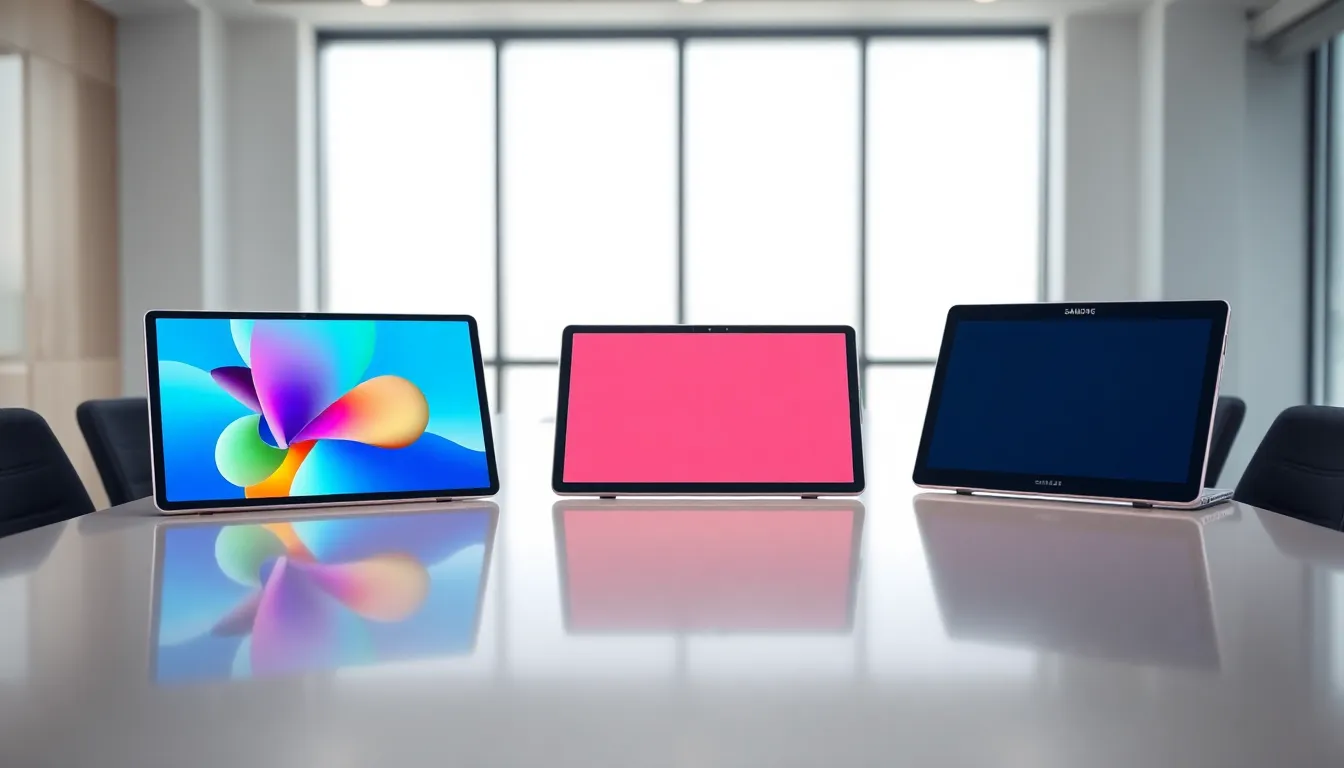 Variety of Samsung Galaxy tablets displayed on a modern office table.