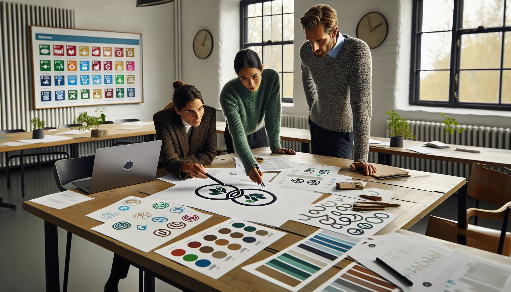Team in a norwegian office analyzing sustainability goals to design a circular logo.