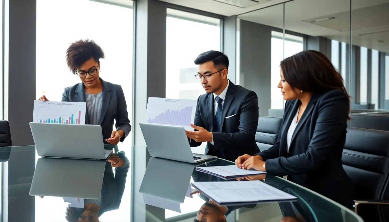 diverse team discussing investment property financing in a modern office.