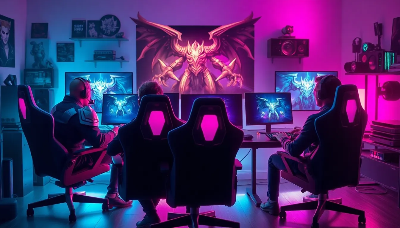 diverse gamers collaborating in a modern gaming room during a raid.