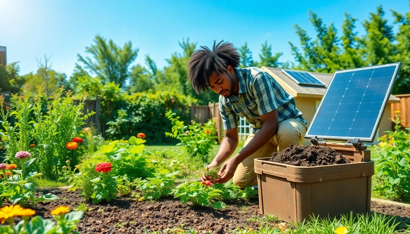 individual gardening in a sustainable backyard with compost and solar panels.