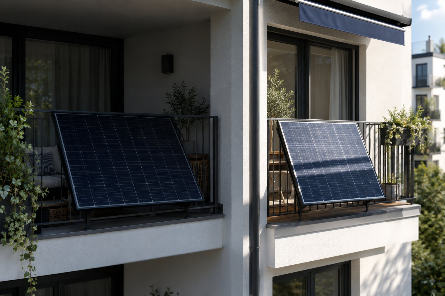 Vergleich von Vollverschattung und schmalem Teilverschattungsschatten auf Balkon-Solarmodulen